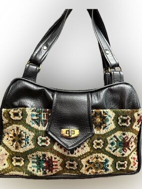 Vintage Black faux leather floral needlepoint Handbag Multicolor Tapestry 1960’s